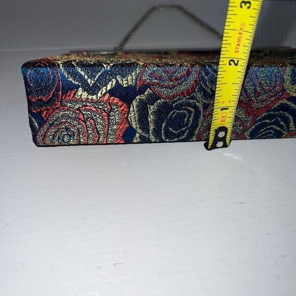 Vintage Clutch Purse Fabric Rose Sparkly Blue Red Green Silver Clasp Hard Case - Picture 4 of 6